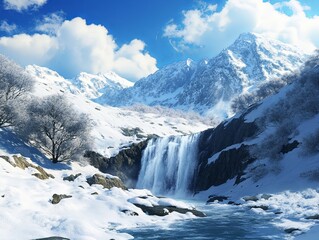 Obraz premium Majestic winter waterfall in a snowy mountain landscape
