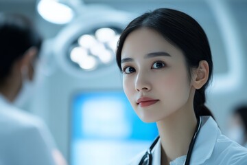 Fototapeta premium A female doctor with a stethoscope gazes confidently, standing in a clinical setting with a surgical light in the background, portraying professionalism and dedication.