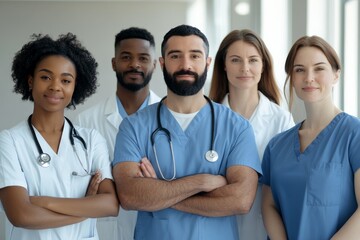 A diverse group of healthcare professionals, both male and female, stands confidently in a hospital hallway, representing unity, competence, and teamwork in medicine.
