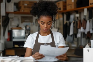 Obraz premium A shop employee in a warehouse environment intently examines documents, surrounded by boxes and packages, highlighting the theme of diligence and organization.