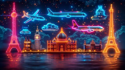 Obraz premium Create a neon collection of travel symbols, including glowing airplanes