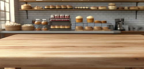 Naklejka premium Beautiful Wood Tabletop in Cozy Bakery Interior