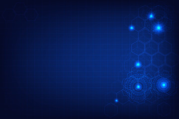 Fototapeta premium Dark and light blue color background. Technology template for design and edit. Line of hexagon shape and gear.