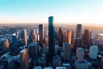 Obraz premium A breathtaking cityscape captures the modern skyline at sunset, showcasing tall buildings with a stunning view of skyscrapers against the pastel evening sky.