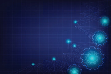 Dark and light blue color background. Technology template for design and edit. Line of hexagon shape and gear with particles element and network conection.