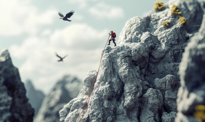 Fototapeta premium Climber ascends rocky mountain peak with rope.