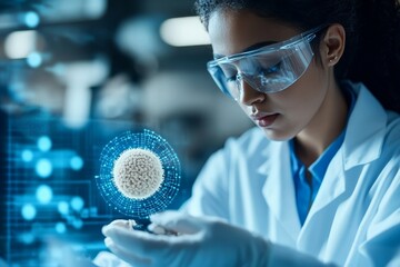 A scientist in a lab coat and safety goggles studies a digital representation of a cell in a high-tech laboratory, highlighting the intersection of biology and technology.