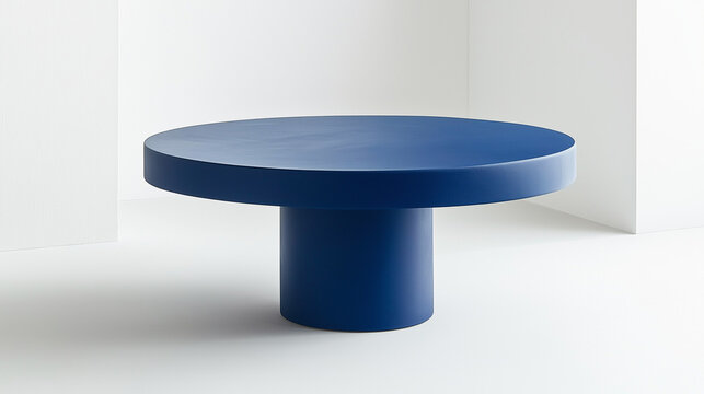 blue  blank base to display products on white background , round blue table in white room 