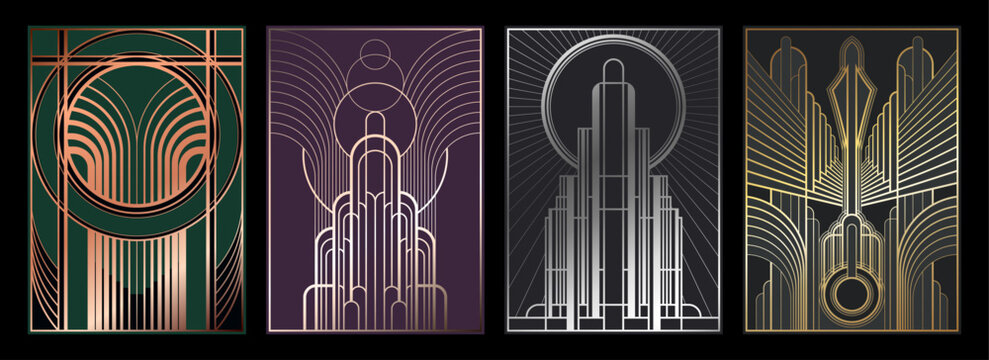 Streamline Moderne Backgrounds, 1930s Style Decorative Ornamental Templates for Retro Posters, Covers, Illustrations. Art Deco Colors, Gradients, Shapes