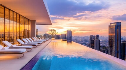 Fototapeta premium Chic Luxurious Hotel Pool Area at Sunset