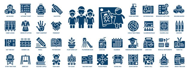 preschool kids glyph icon set, learning playing in classroom environment