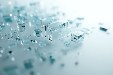 Abstract glass blocks hover above a soft white surface, creating a serene yet futuristic atmosphere that invites contemplation and imaginative thought.
