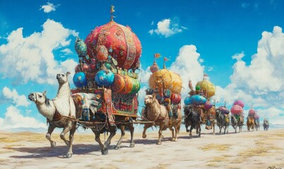 Naklejka premium Camel caravan carrying colorful domes through desert.