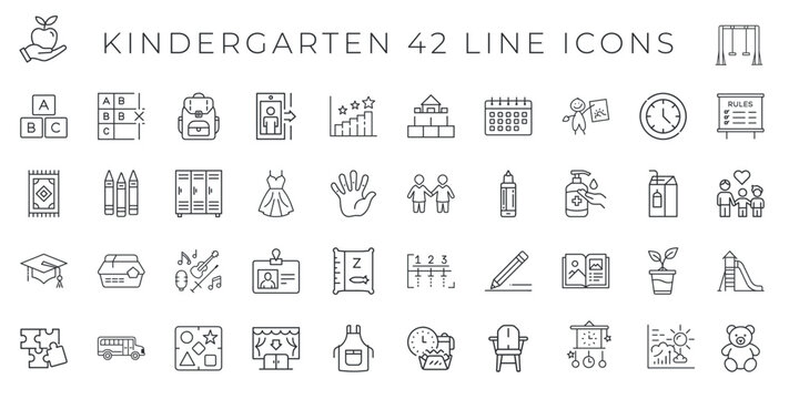 preschool kindergarten education early childhood development activities icon set, supplies classroom teacher student