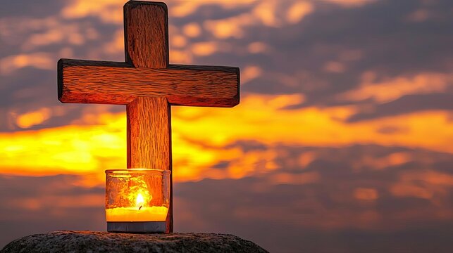 All Saints Day Wooden cross with a candle at its base, illuminated against a sunset sky, peaceful remembrance on All Saints Day - Powered by Adobe