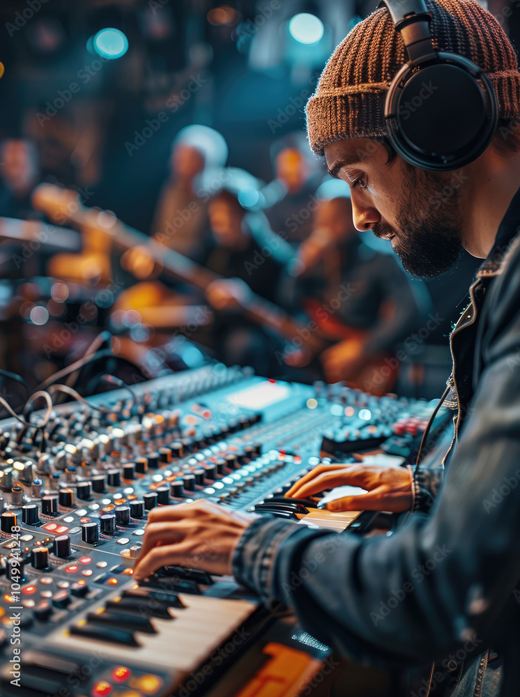 Fototapete A sound engineer conducting a sound check before a live performance, adjusting the volume levels while musicians play instruments in the background.