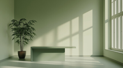 modern interior office design , green desk , plants in pot , big window 