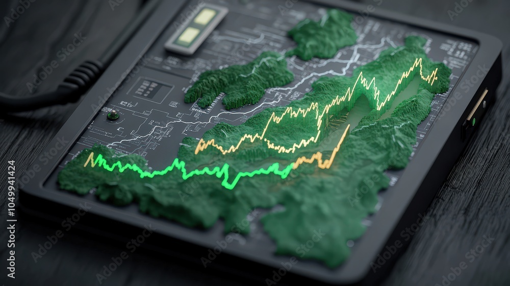Poster futuristic 3d data visualization with glowing lines and green mountains