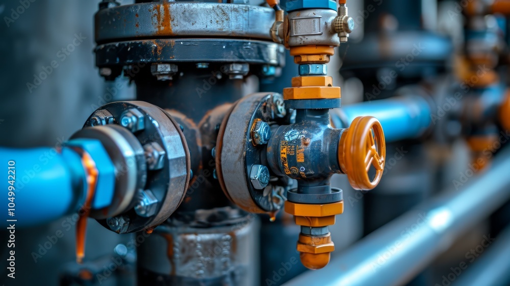 Poster a comprehensive view of a water node featuring various pipes and fittings that manage water supply f