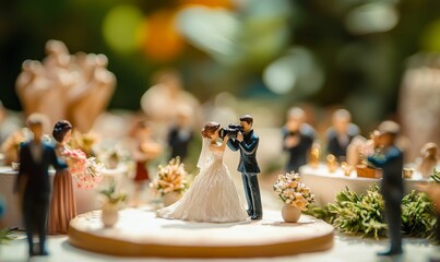 Miniature bride and groom with a photographer.