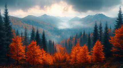 Obraz premium Golden autumn foliage surrounds snow-capped mountains under a vibrant blue sky in a breathtaking landscape