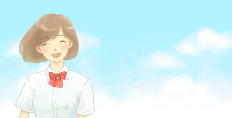 制服を着た笑顔の女の子と青空のイラスト　半袖
