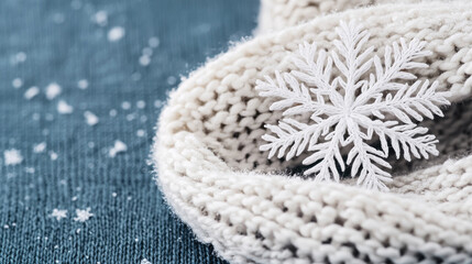 A cozy winter scene featuring a soft knitted scarf with a snowflake accent, capturing the essence of the chilly season.