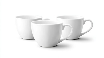 White cups for tea or coffee on a plain white background.