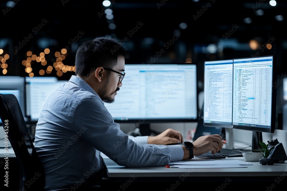 Poster an office worker intensely focused on his task is surrounded by three computer monitors, portraying 