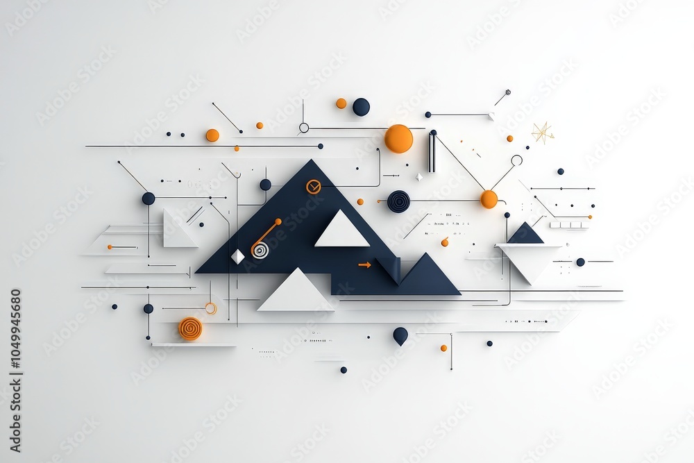 Poster a visually appealing composition featuring an array of geometric shapes in different colors on a whi