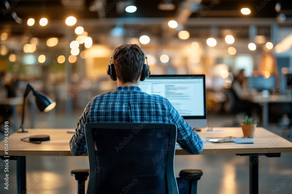 Poster a man wearing headphones sits at a desk with a computer screen displaying code in a brightly lit, mo