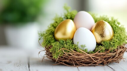 Obraz premium Golden and White Easter Eggs in Nest with Green Moss