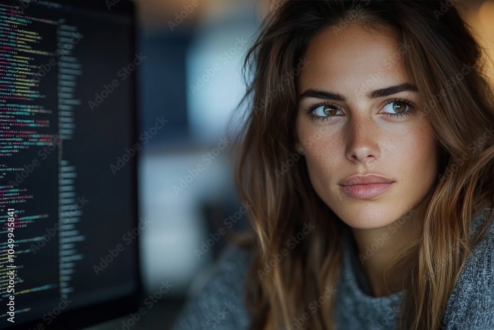 Poster a focused programmer looks at their monitor, studying code in a tech office environment, emphasizing