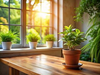 Fototapeta premium Sunlit Serenity: A Potted Plant on a Table by the Window - Nature, Indoor, Home Decor, Greenery, Natural Light, Tranquility 