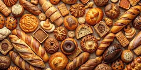 A symphony of golden and brown, this image captures the diverse textures and shapes of various breads, from crusty loaves to delicate pastries.
