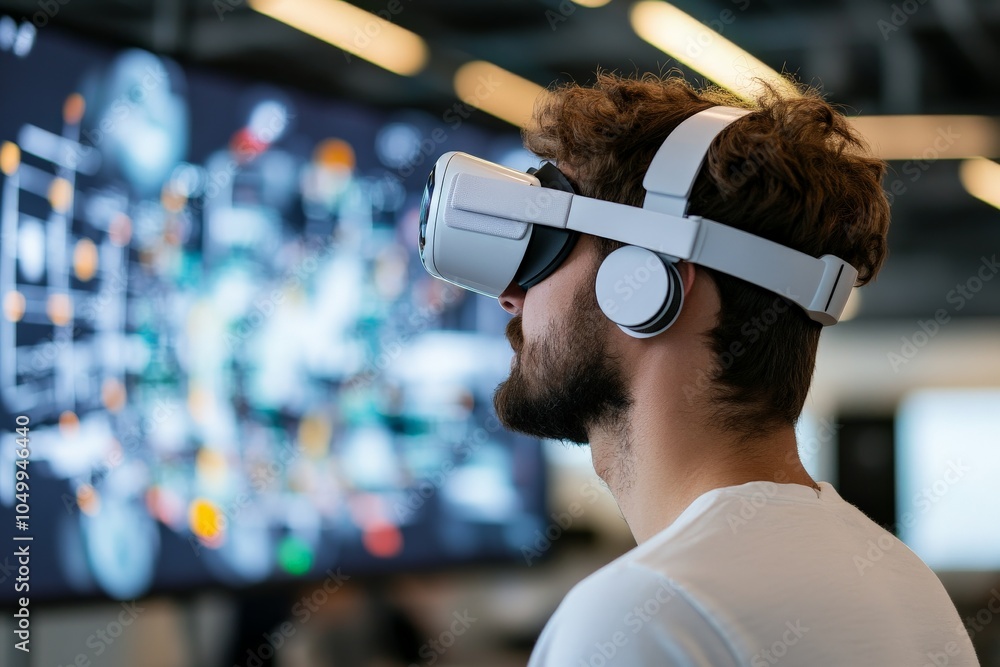 Aufkleber a man wearing a virtual reality headset explores a digital environment, focusing intently on an imme