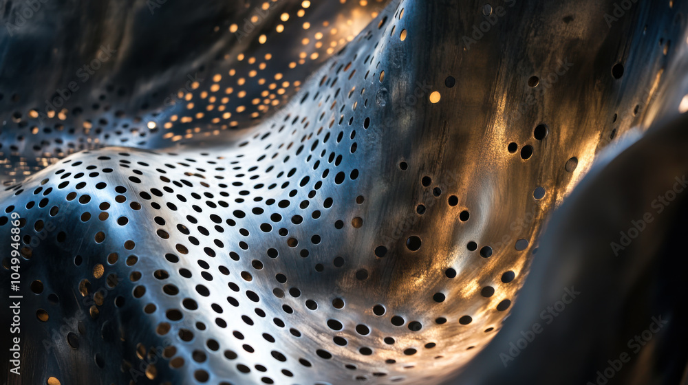 Poster intricate metal design featuring perforated patterns illuminated by warm light in an artistic instal