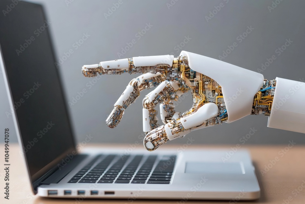 Poster a futuristic robotic hand reaches out to touch and interact with a sleek laptop, symbolizing technol