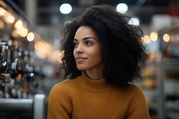 Obraz premium A young woman with voluminous curly hair in a warm, industrial setting, exuding confidence and poise as she gazes thoughtfully into the distance.