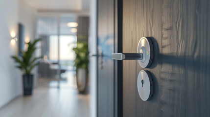 Obraz premium Future of home security smart lock installed on a modern door, with a minimalist hallway in the background, showcasing 
