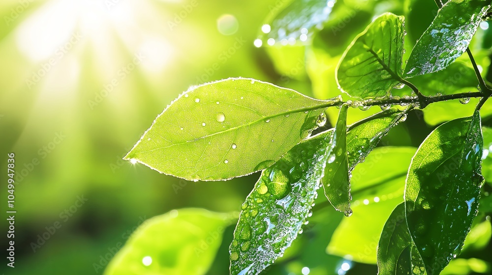 Poster a macro shot of a fresh green leaf covered in tiny droplets of morning dew, with sunlight creating a