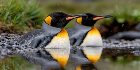 King Penguins on Falkland Islands Beach with Reflections in Water