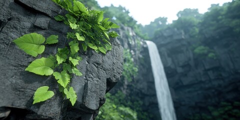 Lush Greenery Overlooking a Waterfall in a Tropical Jungle