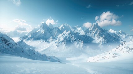 Obraz premium Snow-covered mountains against a blue sky, fresh powder blanketing the ground.