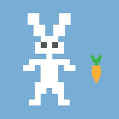 Pixelated hare with carrot isolated on blue background.