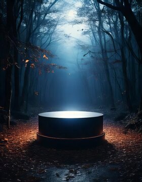 Halloween booth and showcase in the dark forest to present products, in the dark forest, with empty space