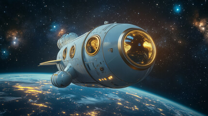 Obraz premium Spaceship and Earth. Fantastic illustration 