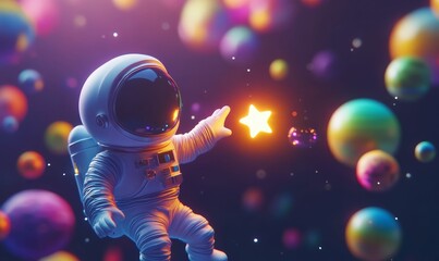 Naklejka premium Astronaut reaches for a glowing star.