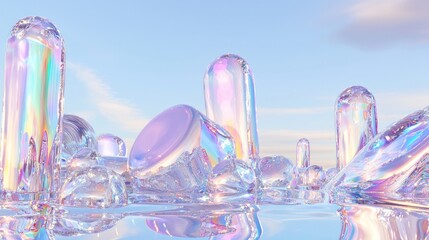 Futuristic Y2K Holo 3D Shape Aesthetic Landscape with Crystalline Shapes and Radiant Glow