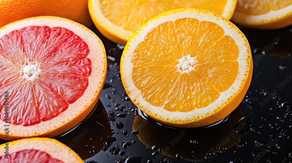 Poster Close-Up of Sliced Oranges and Grapefruits on Surface